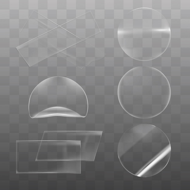 Conjunto de formas de vidrio transparente sobre un fondo a cuadros Incluye círculos, rectángulos y arcos Las formas de cristal crean un diseño moderno y elegante Elementos de vidrio transparentes Conjunto del elemento vectorial de pegatinas