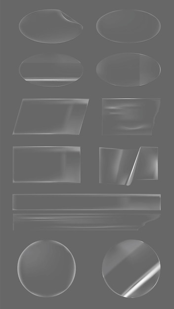 Conjunto de formas de vidrio transparente sobre un fondo gris Incluye círculos ovales rectángulos Formas de vidrio con superficies lisas y claras Perfecto para proyectos de diseño Conjunto vectorial de elementos de pegatinas