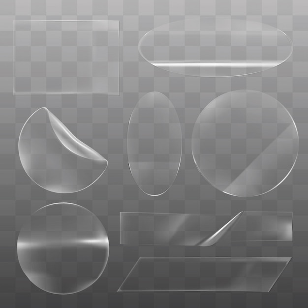 Conjunto de formas de vidrio transparentes sobre un fondo a cuadros Las formas de cristal incluyen círculos, óvalos y rectángulos Elementos de vidrio transparente brillante para el diseño Conjunto vectorial de elementos de pegatinas