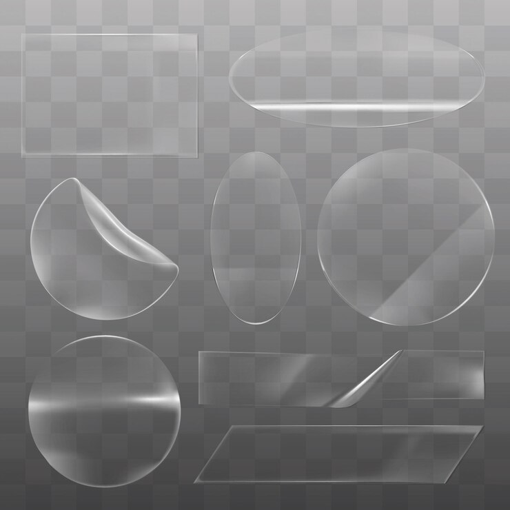 Vector conjunto de formas de vidrio transparentes sobre un fondo a cuadros las formas de cristal incluyen círculos, óvalos y rectángulos elementos de vidrio transparente brillante para el diseño conjunto vectorial de elementos de pegatinas
