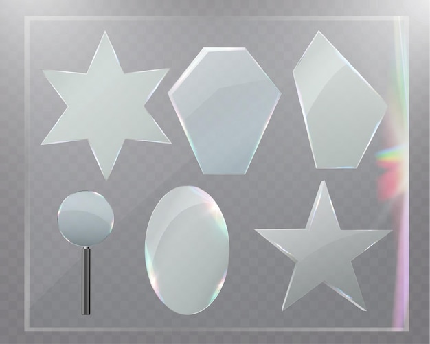 Conjunto de formas de vidrioformas de vidrio transparentes con elementos geométricos abstractos de reflejo brillante para