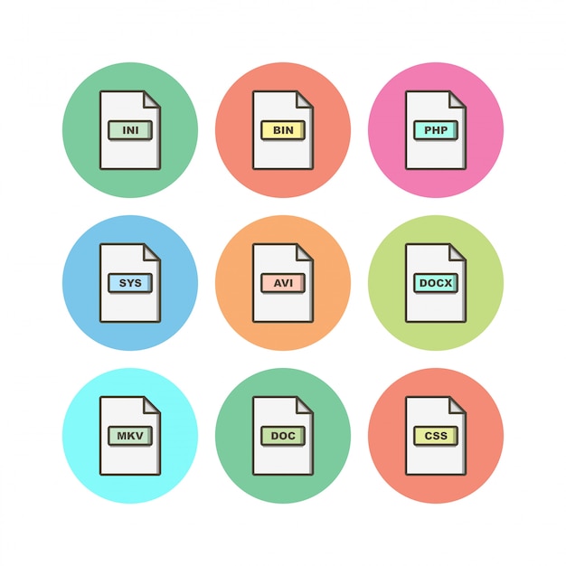 Conjunto de formatos de archivo Iconos sobre fondo blanco Vector de elementos aislados
