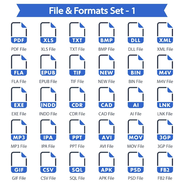 Vector conjunto de formatos de archivos conjunto 1 de íconos azules