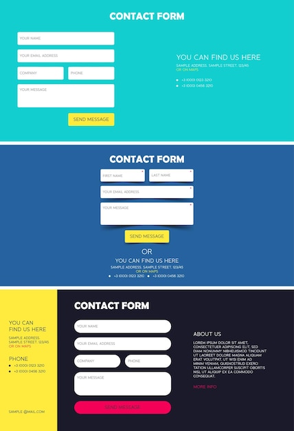 Conjunto de formulario de contacto para el formulario de contacto de registro del sitio web plantilla para el formulario de comentarios del sitio web