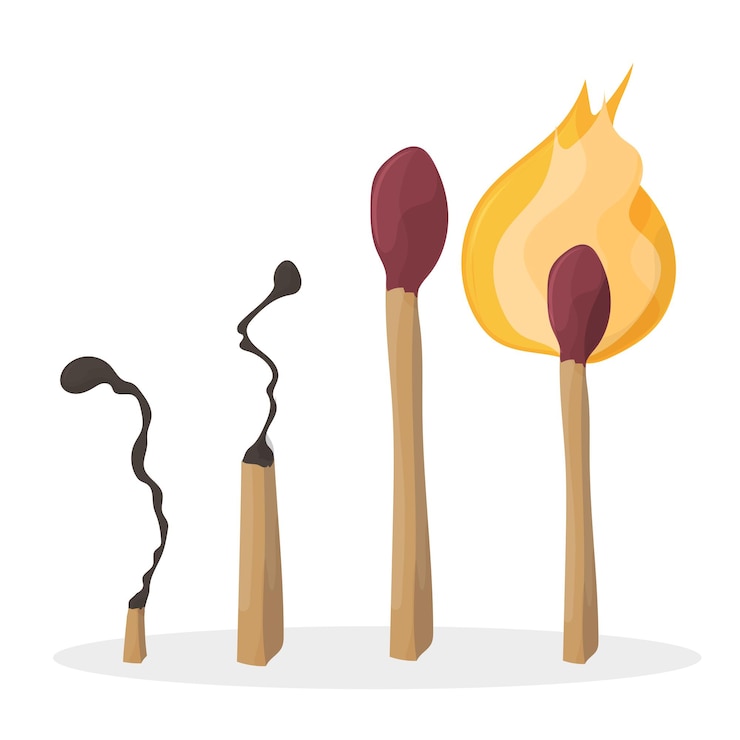 Vector un conjunto de fósforos de dibujos animados. fósforo quemado. cerilla encendida. vector