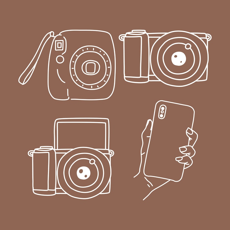 Vector conjunto de fotografía de cámara, cámara instantánea, teléfono e ilustración de elementos de doodle sin espejo