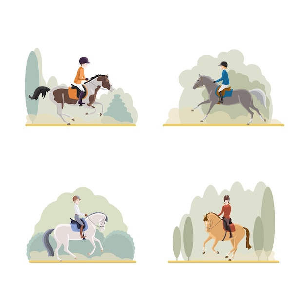 Vector un conjunto de fotos de los niños del parque montando ponis en la naturaleza.