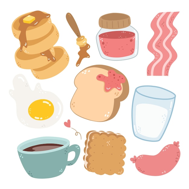 Conjunto de fragmentos de dibujos para el desayuno