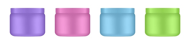 Conjunto de frascos cosméticos de color rosa violeta, azul y verde Mockup realista de embalaje coreano