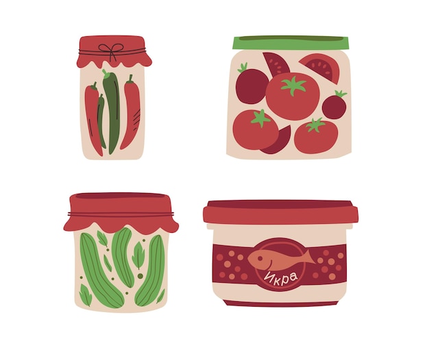 Conjunto de frascos con verduras encurtidas Ilustración vectorial en estilo plano