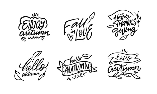 Conjunto de frases de colección de la temporada de otoño Signo vectorial de color negro dibujado a mano