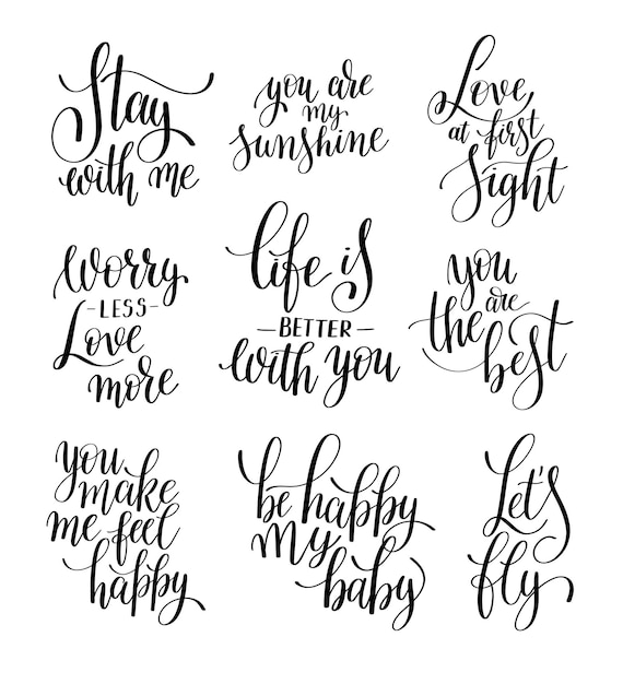Vector conjunto de frases de letras escritas a mano en blanco y negro sobre el amor al cartel de diseño del día de san valentín