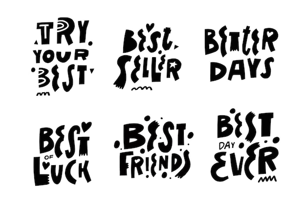 Vector conjunto de frases de letras de tipografía moderna. texto de boceto de estilo escandinavo de color negro dibujado a mano.