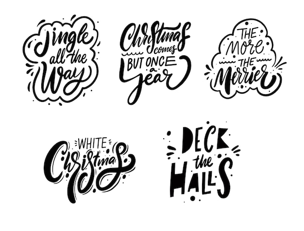 Conjunto de frases de Navidad dibujado a mano ilustración de vector de texto de letras de color negro