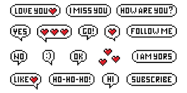 Conjunto de frases pixel art 8bit estilo de juego retro burbujas de habla con texto I love you follow me