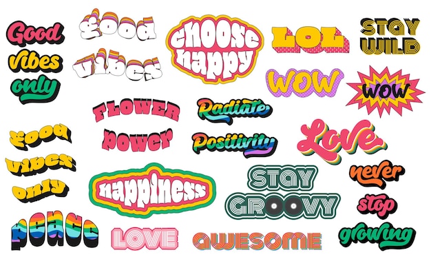 Un conjunto con frases tipográficas en estilo retro Texto de letras 3D a granel con un trazo y sombras extruidas Para ropa juvenil Camisetas Ilustraciones de vectores de colores brillantes aisladas en fondo blanco