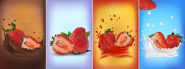 Vector conjunto de fresas frescas en rodajas enteras y maduras salpicaduras de chocolate, fresas en un chorrito de leche o yogur. ilustración 3d