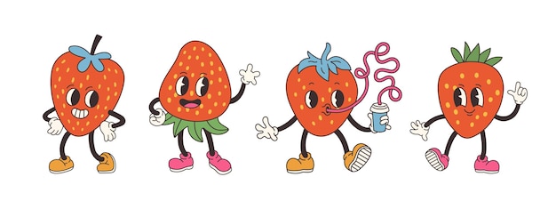 Vector conjunto de fresas groovy dibujado a mano divertido estilo vintage de moda personaje de dibujos animados de fresas