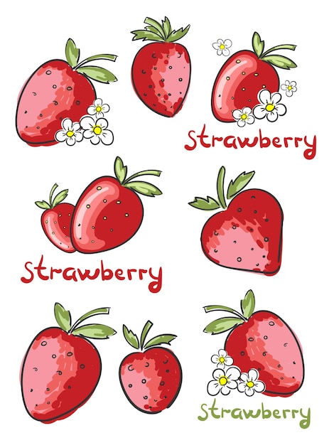 Conjunto de fresas rojas con personaje de dibujos animados de letras aislado sobre fondo blanco