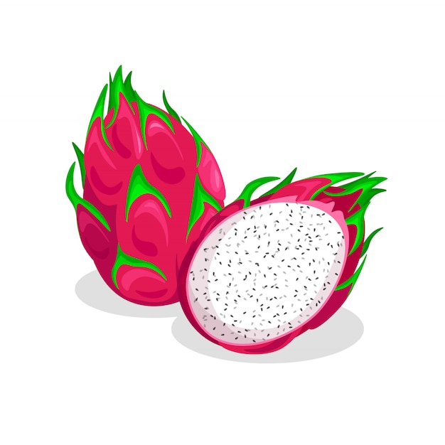 Conjunto de fresco entero y mitad de pitaya aislado. Fruta del dragón con sombra en un estilo de dibujos animados de moda.