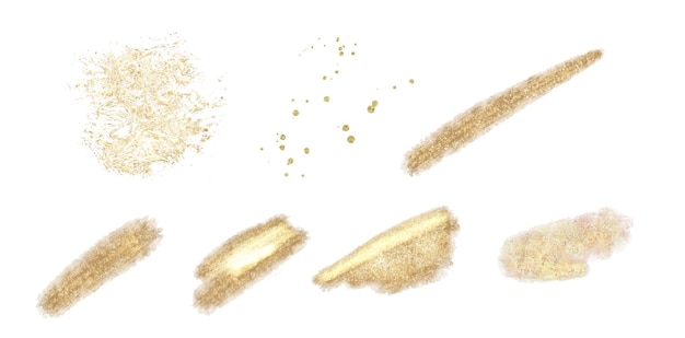 Vector conjunto de frotis de pintura de oro vectorial elementos de brillo aislados sobre fondo blanco