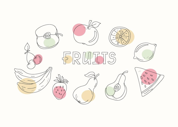 Conjunto de frutas abstractas estilo de arte lineal dibujos de garabatos con manchas de colores gráficos vectoriales fondo aislado