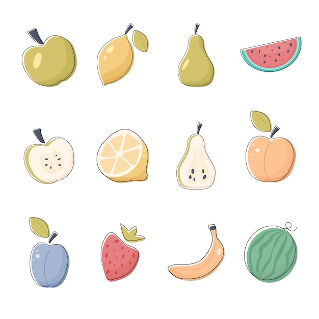 Conjunto de frutas aisladas ilustración vectorial con manzana pera limón sandía melocotón ciruela fresa