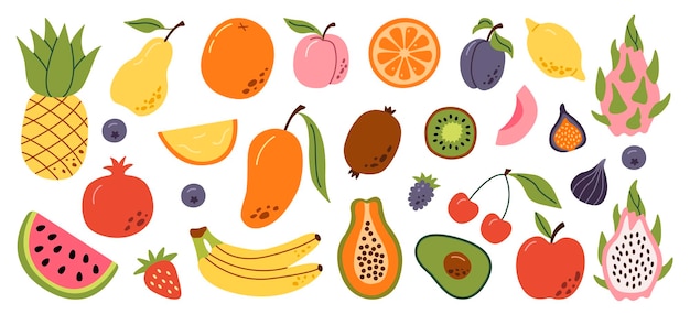 Conjunto de frutas y bayas de colores dibujadas a mano Estilo minimalista abstracto moderno Frutas tropicales naturales Cereza manzana melocotón limón plátano granada piña higuera melón Ilustración vectorial