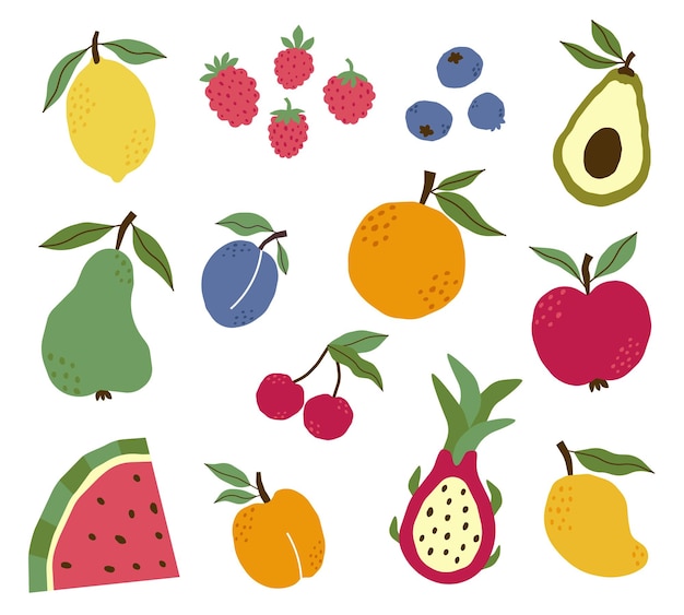 Conjunto de frutas y bayas dibujado a mano