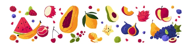 Conjunto de frutas y bayas exóticas Set de nutrición tropical saludable Figo fresco limón aguacate maduro papaya carambola cereza y mandarina Ilustraciones vectoriales planas aisladas sobre fondo blanco