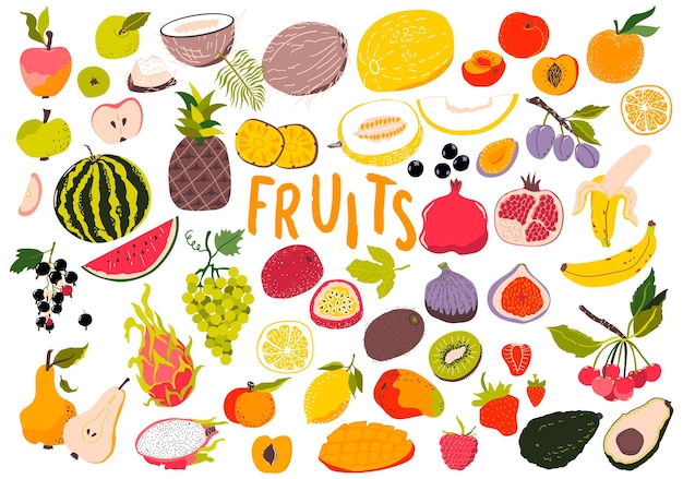 Conjunto de frutas y bayas Trozos en rodajas tropicales Comida orgánica y vegetariana