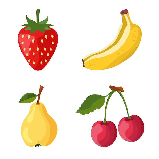 Conjunto de frutas cereza fresa pera y plátano en vector sobre fondo blanco
