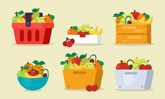 Conjunto de frutas con cesta, bolsa, caja de madera, ilustración vectorial de fundición