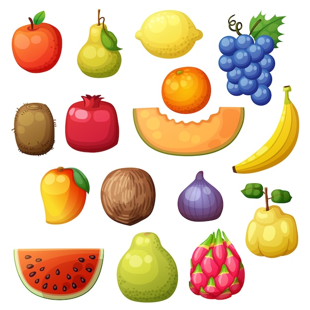 Conjunto de frutas de dibujos animados aislado sobre fondo blanco.