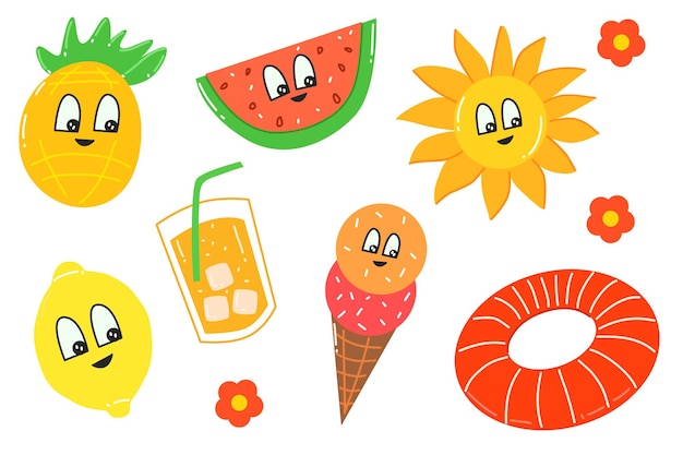 Conjunto de frutas de dibujos animados coloridos con ojos aislados en un fondo blanco