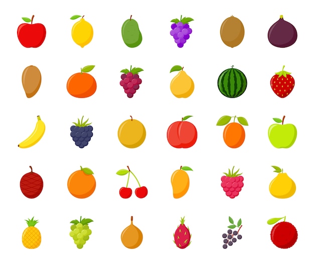 Conjunto de frutas de dibujos animados coloridos sobre fondo blanco