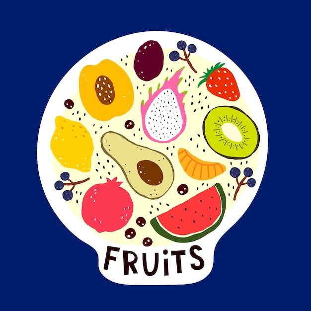 Vector conjunto de frutas de dibujos animados con los elementos de decoración de letras