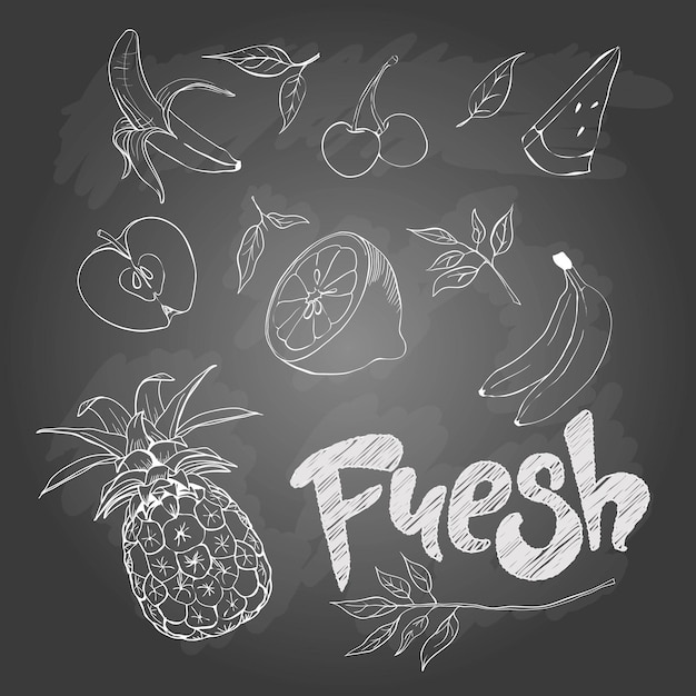 Conjunto de frutas de dibujos animados Iconos de frutas Frutas dibujadas a mano ilustración de stock vectorial Pizarra dibujando frutas