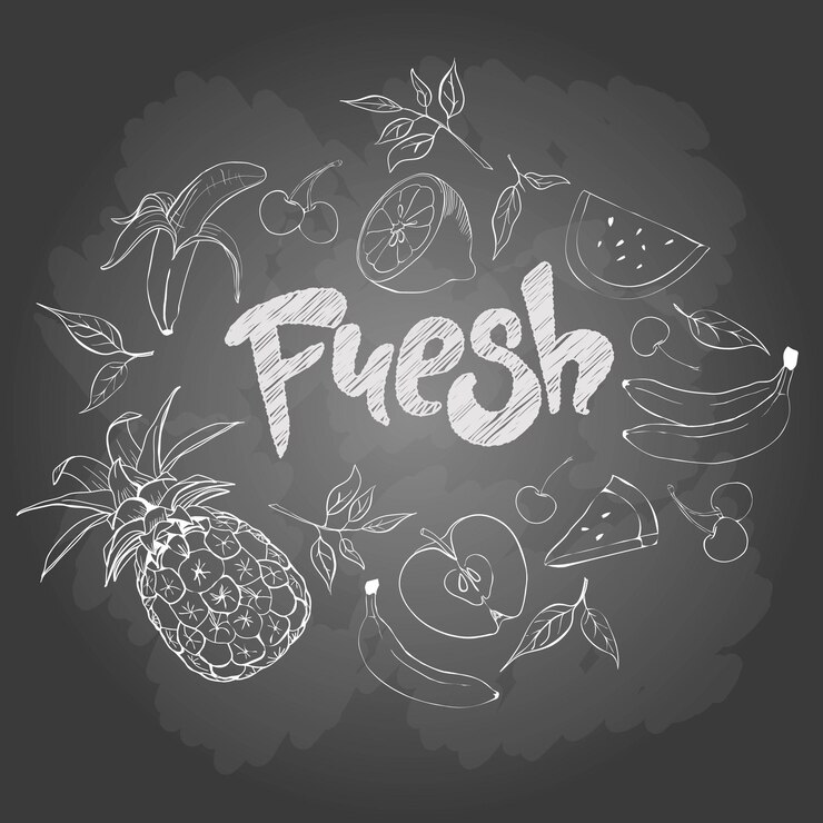 Vector conjunto de frutas de dibujos animados iconos de frutas frutas dibujadas a mano ilustración de stock vectorial pizarra dibujando frutas