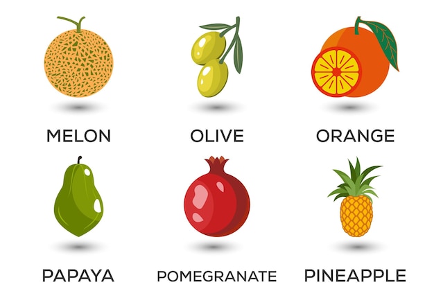 Conjunto de frutas Diferentes frutas coloridas Alimentos frescos Concepto de alimentación saludable Ilustración vectorial