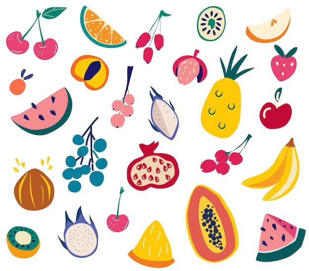 Conjunto de frutas. Doodle Diferentes frutas frescas y sabrosas. Gran colección de frutas tropicales naturales. Menú vegano, comida sana. Cocina orgánica fresca. Ilustración de vector dibujado a mano de estilo de dibujos animados.