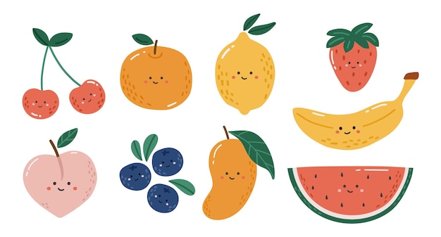 Conjunto de frutas de Doodle Ilustración Kawaii Frutas Conjunto clipart Frutas Colección de clipart de verano