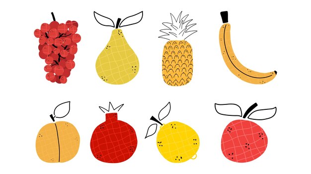 Conjunto de frutas en estilo dibujado a mano Plátano granada limón piña albaricoque uvas Ilustración vectorial en estilo plano