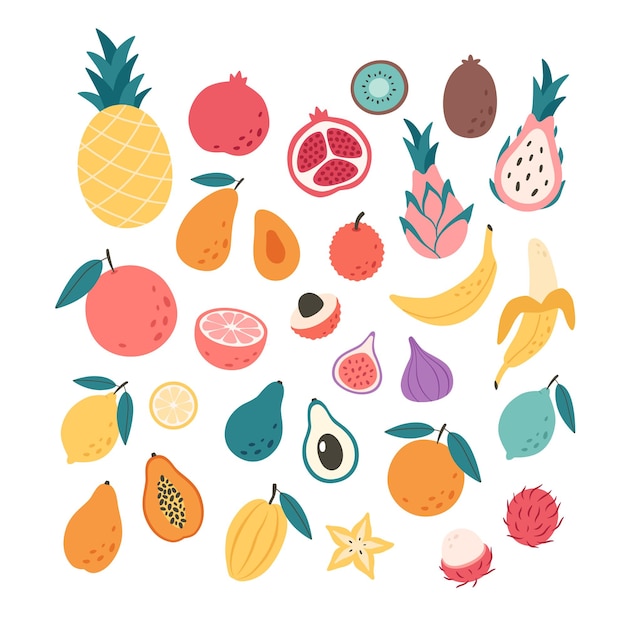 Conjunto de frutas exóticas y tropicales. Alimentos saludables, productos dietéticos, productos de abarrotes vitamínicos frescos