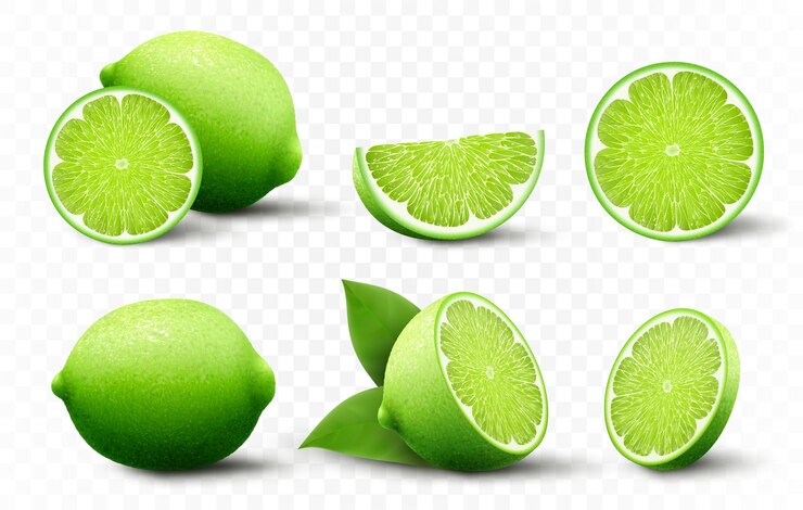 Vector conjunto de frutas frescas de lima enteras cortadas a la mitad aisladas sobre fondo transparente cítricos de verano para un estilo de vida saludable fruta orgánica ilustración vectorial 3d realista para cualquier diseño