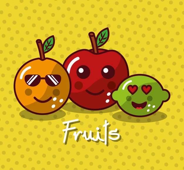 Conjunto de frutas kawaii lindo sonriendo alimentos saludables