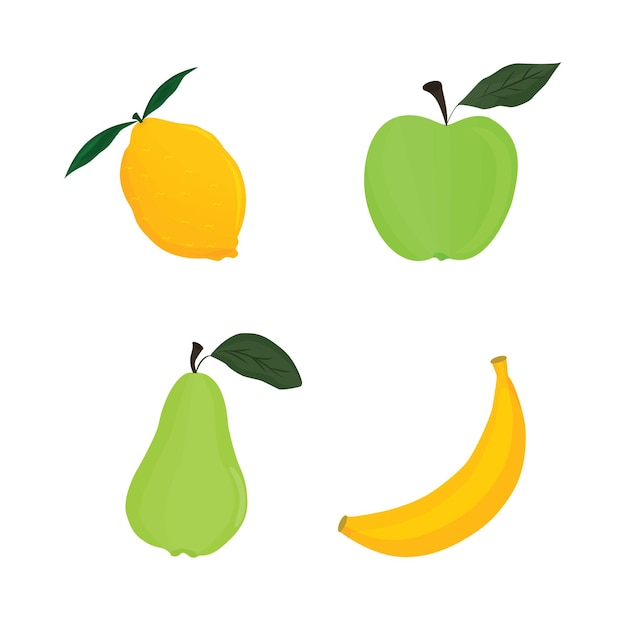 Conjunto de frutas: limón, manzana, pera, plátano. ilustración vectorial.