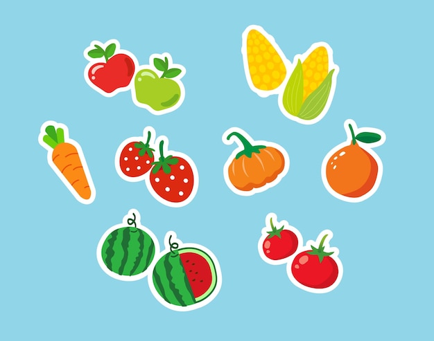 Conjunto de frutas lindas vectoriales de iconos de ilustración de dibujos animados planos