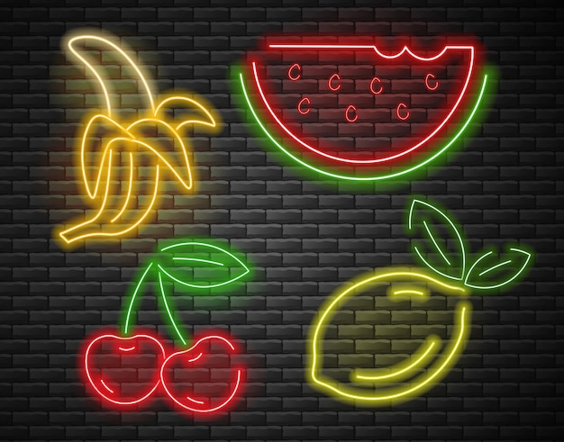 Conjunto de frutas luz de neón, cereza, plátano, sandía y limón neón, conjunto de verano, fondo de ladrillo i