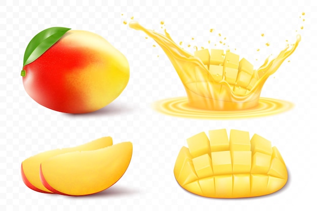 Conjunto de frutas de mango frescas enteras cortadas a la mitad y mango en un chorrito de jugo aislado sobre fondo blanco frutas de verano para un estilo de vida saludable fruta orgánica ilustración vectorial 3d realista